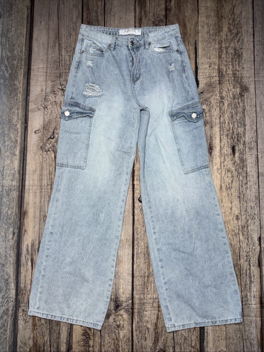 Indigo Dreams Womens Light Blue Denim Wide Leg High Rise Cargo Jeans Size 9 - Picture 1 of 9